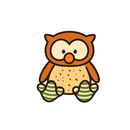 Eine cartoonhafte Eule mit braunem Körper und gestreiften Socken.